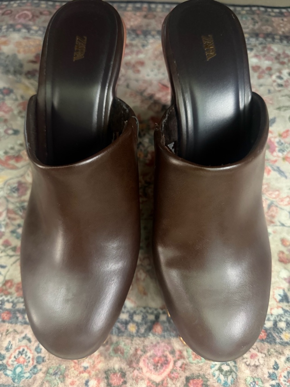 Zara Brown Leather Mule Clogs